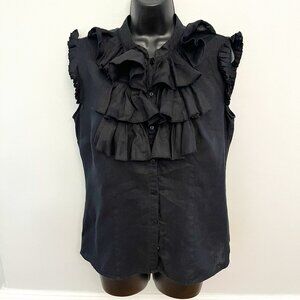 Trenz Sleeveless Black Linen Ruffled Front High Neck Blouse, Size Large
